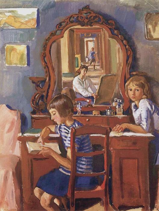 Wikioo.org - Die Enzyklopädie bildender Kunst - Malerei, Kunstwerk von Zinaida Serebriakova - Tata und Katia in den Spiegel