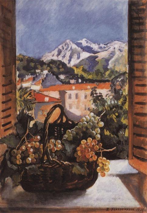 Wikioo.org - The Encyclopedia of Fine Arts - Painting, Artwork by Zinaida Serebriakova - Basket with grapes on the window 