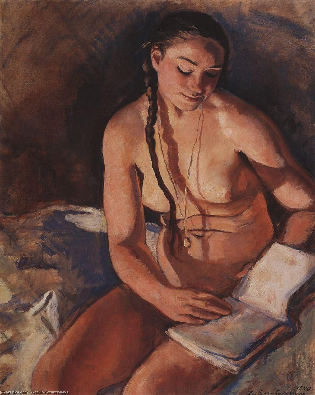 Wikioo.org - The Encyclopedia of Fine Arts - Painting, Artwork by Zinaida Serebriakova - Nude with Book
