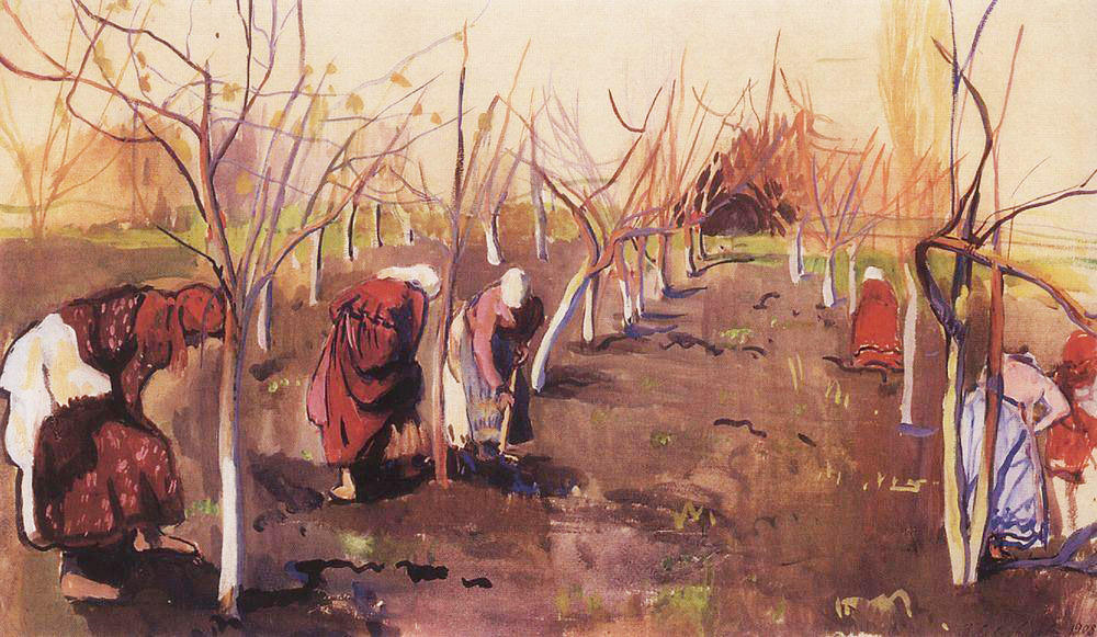 Wikioo.org - The Encyclopedia of Fine Arts - Painting, Artwork by Zinaida Serebriakova - Digging trees in the garden 