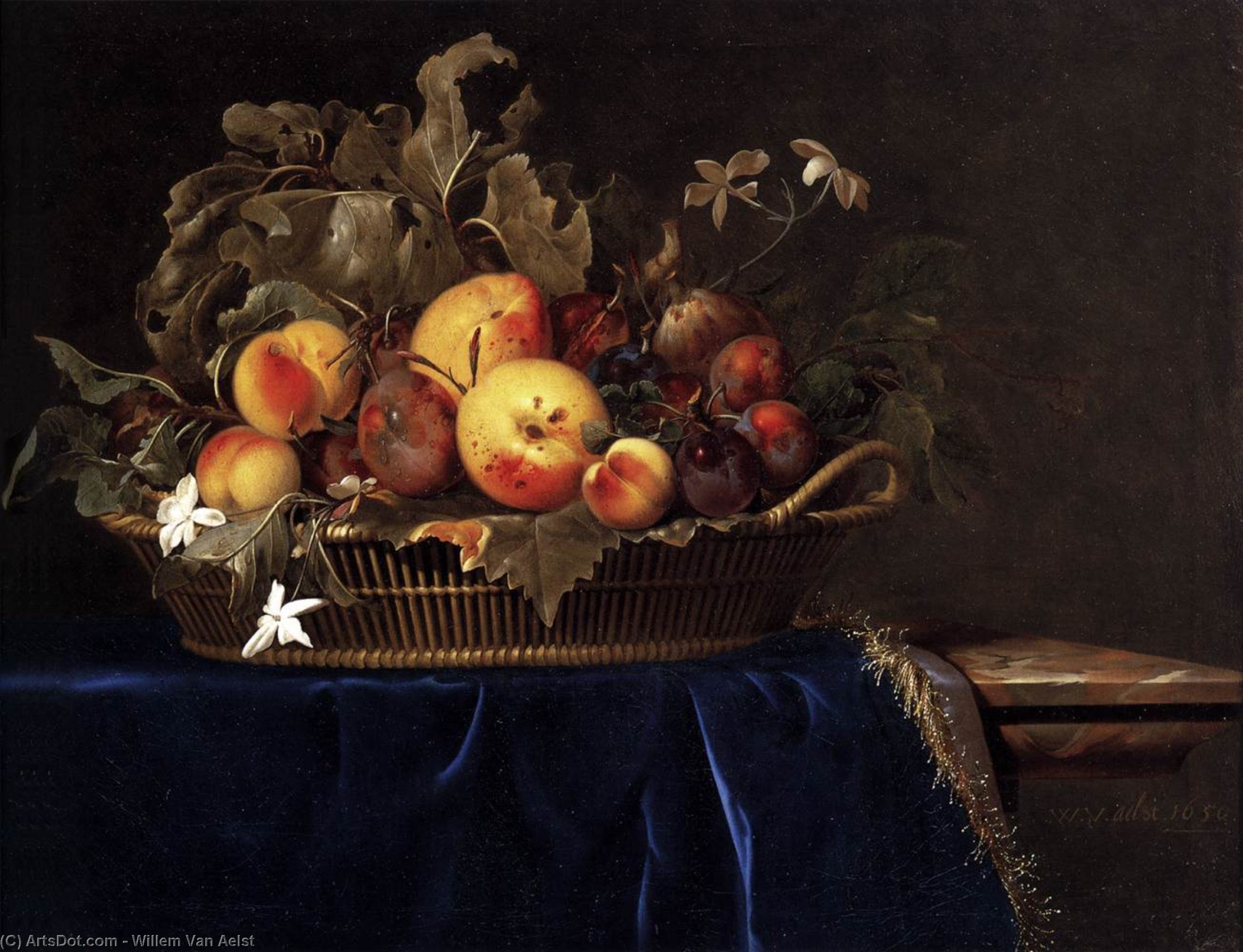 Wikioo.org - The Encyclopedia of Fine Arts - Painting, Artwork by Willem Van Aelst - Still-Life with a Basket of Fruit on a Marble Ledge