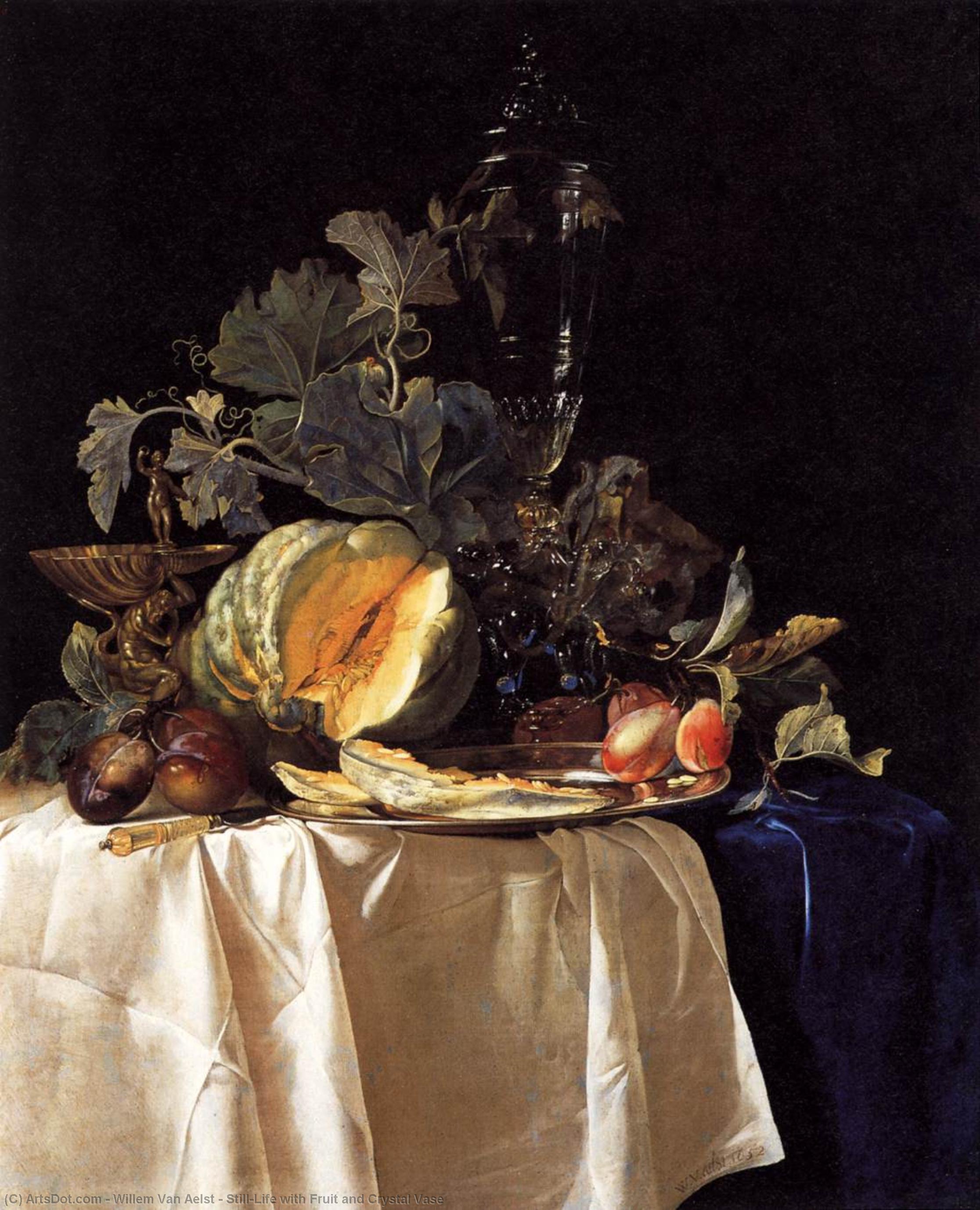 Wikioo.org - The Encyclopedia of Fine Arts - Painting, Artwork by Willem Van Aelst - Still-Life with Fruit and Crystal Vase