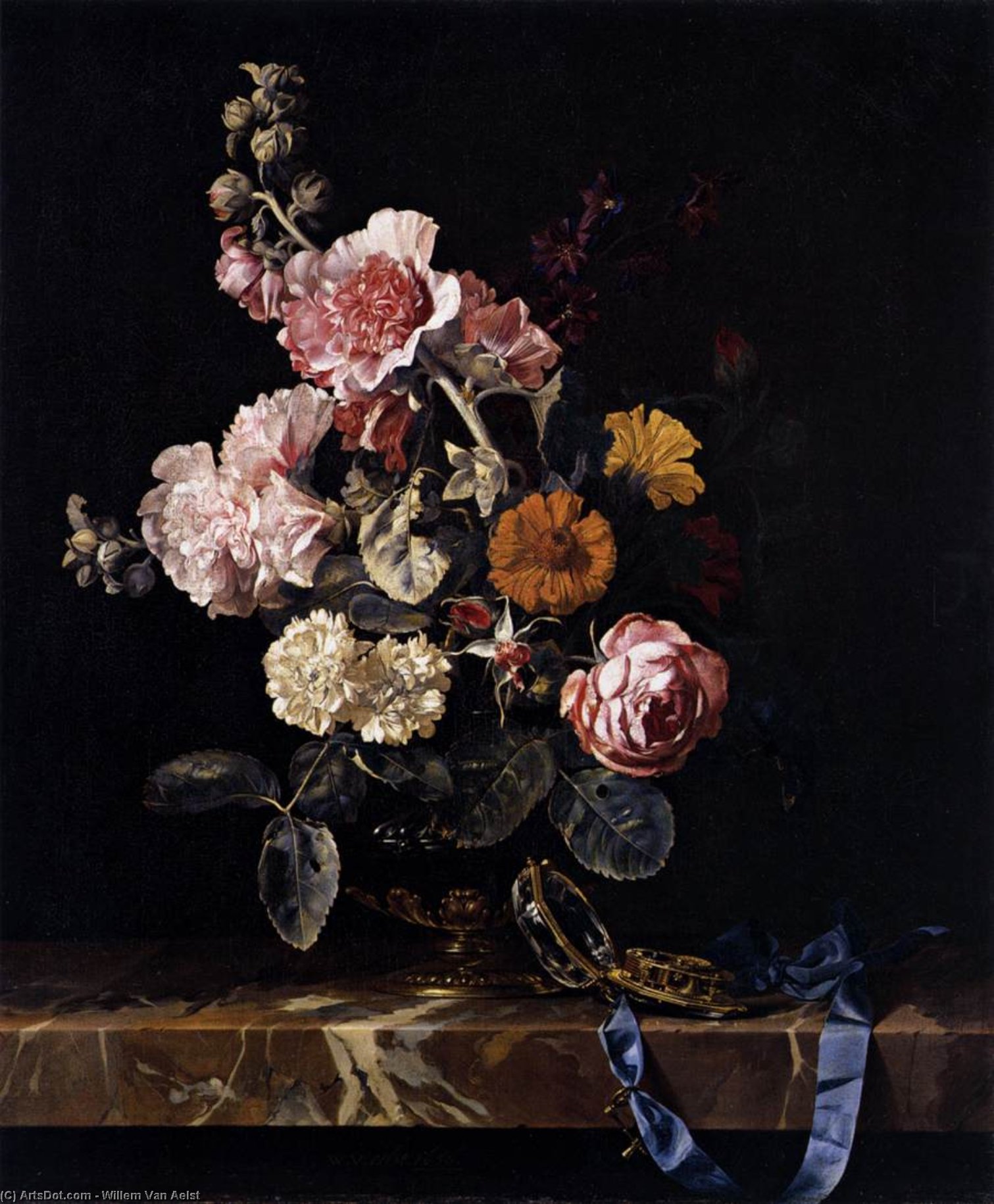 Wikioo.org - The Encyclopedia of Fine Arts - Painting, Artwork by Willem Van Aelst - Vase of Flowers with Pocket Watch