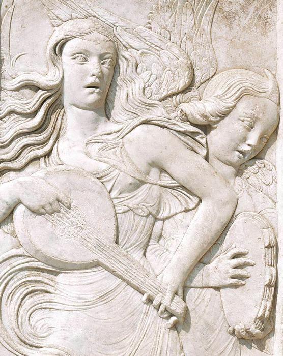 Wikioo.org – La Enciclopedia de las Bellas Artes - Pintura, Obras de arte de Agostino Di Duccio - Ángeles que juegan un laúd y Pandereta (detalle)