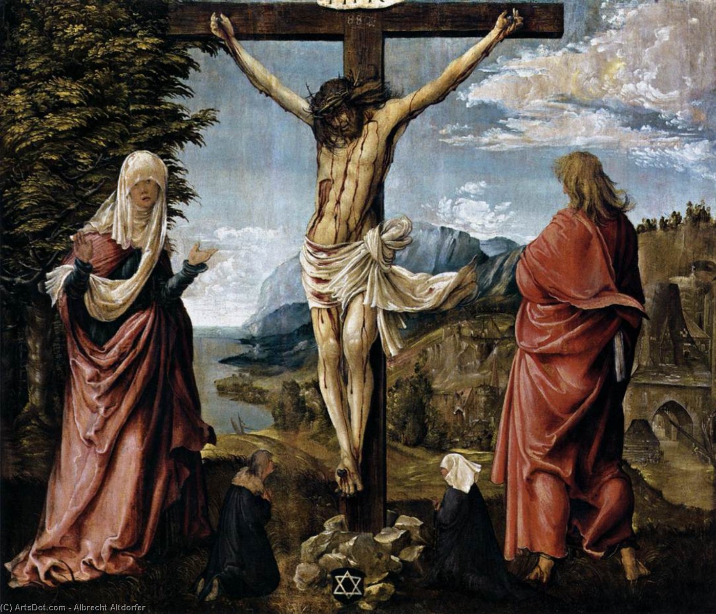 Wikioo.org – La Enciclopedia de las Bellas Artes - Pintura, Obras de arte de Albrecht Altdorfer - cristo en el cruz entre maría y san John