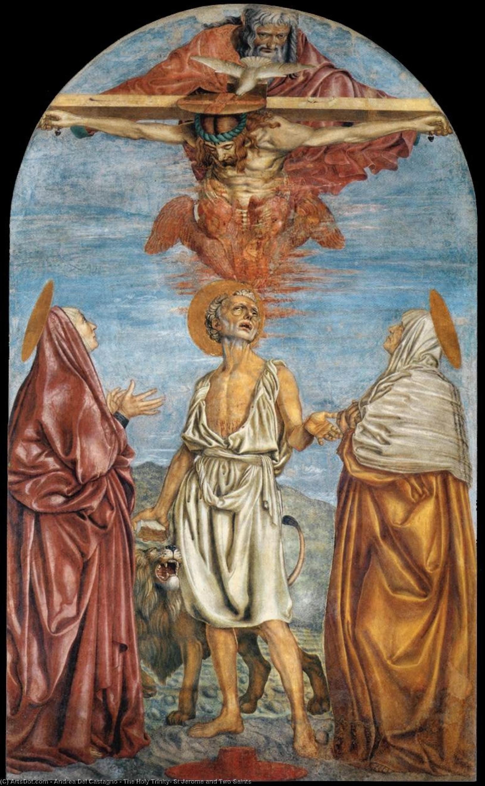 Wikioo.org - Die Enzyklopädie bildender Kunst - Malerei, Kunstwerk von Andrea Del Castagno - die heilige dreifaltigkeit , der heilige hieronymus und zwei Heiligen