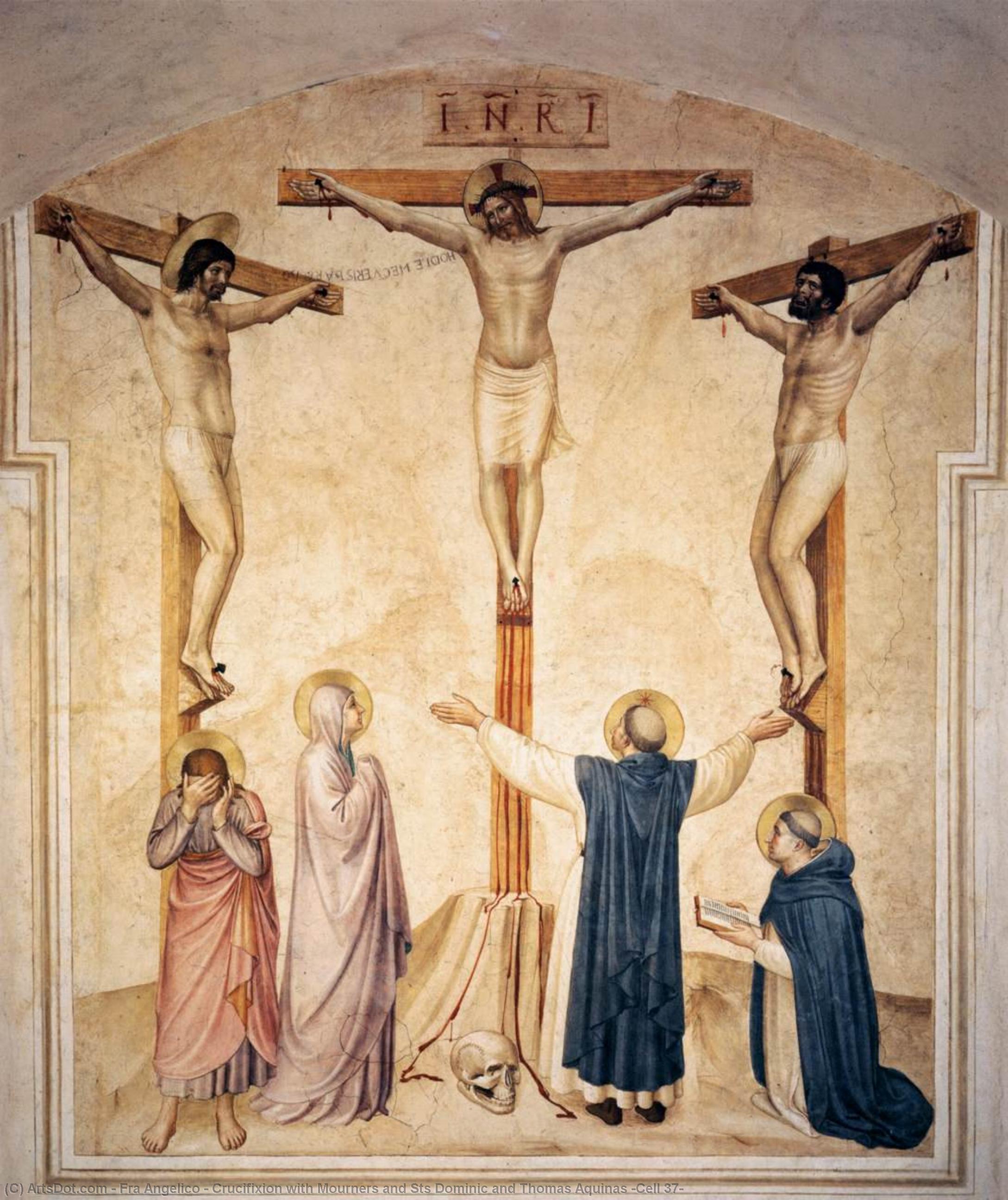 Wikioo.org - The Encyclopedia of Fine Arts - Painting, Artwork by Fra Angelico - Crucifixion with Mourners and Sts Dominic and Thomas Aquinas (Cell 37)