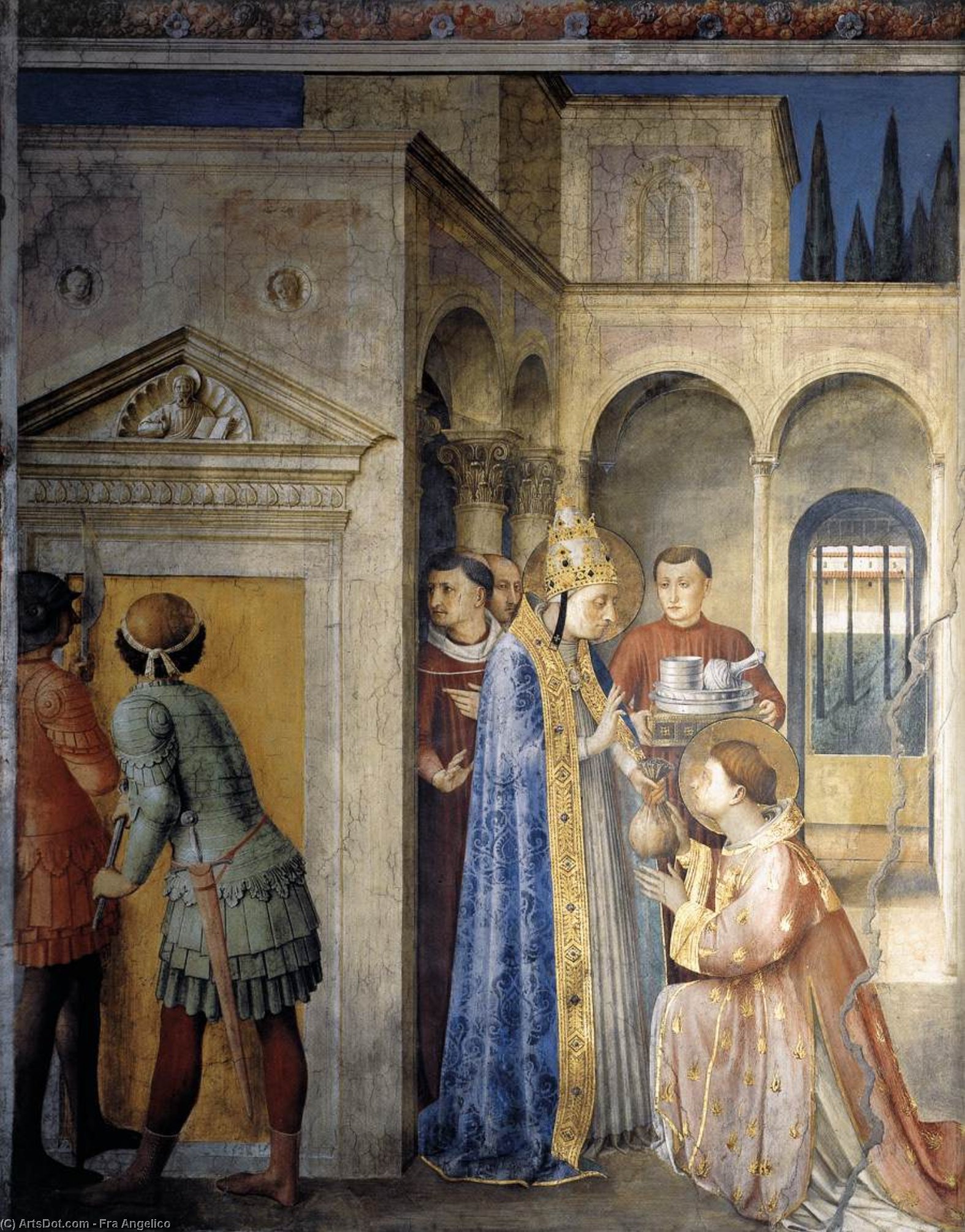 Wikioo.org - The Encyclopedia of Fine Arts - Painting, Artwork by Fra Angelico - St Sixtus Entrusts the Church Treasures to Lawrence