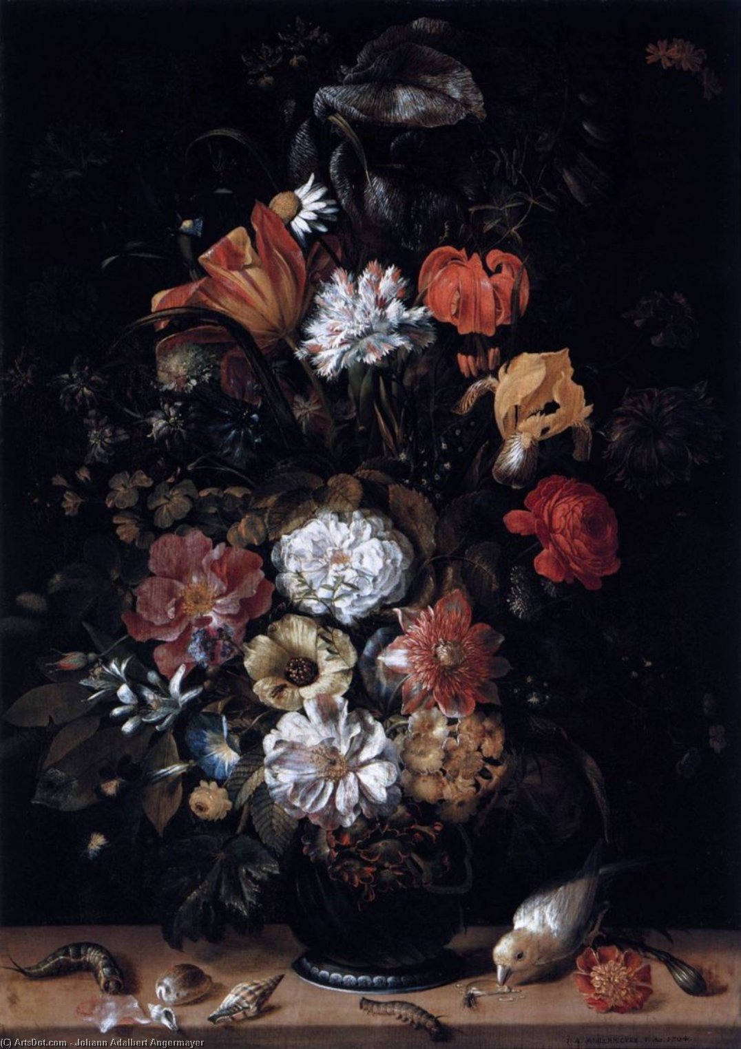 Wikioo.org - The Encyclopedia of Fine Arts - Painting, Artwork by Johann Adalbert Angermayer - Bouquet of Flowers with Animals