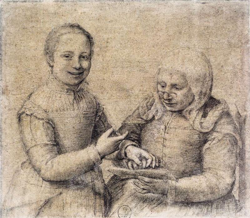 Wikioo.org – L'Enciclopedia delle Belle Arti - Pittura, Opere di Sofonisba Anguissola - Vecchia Studiando l alfabeto con una ragazza ridere
