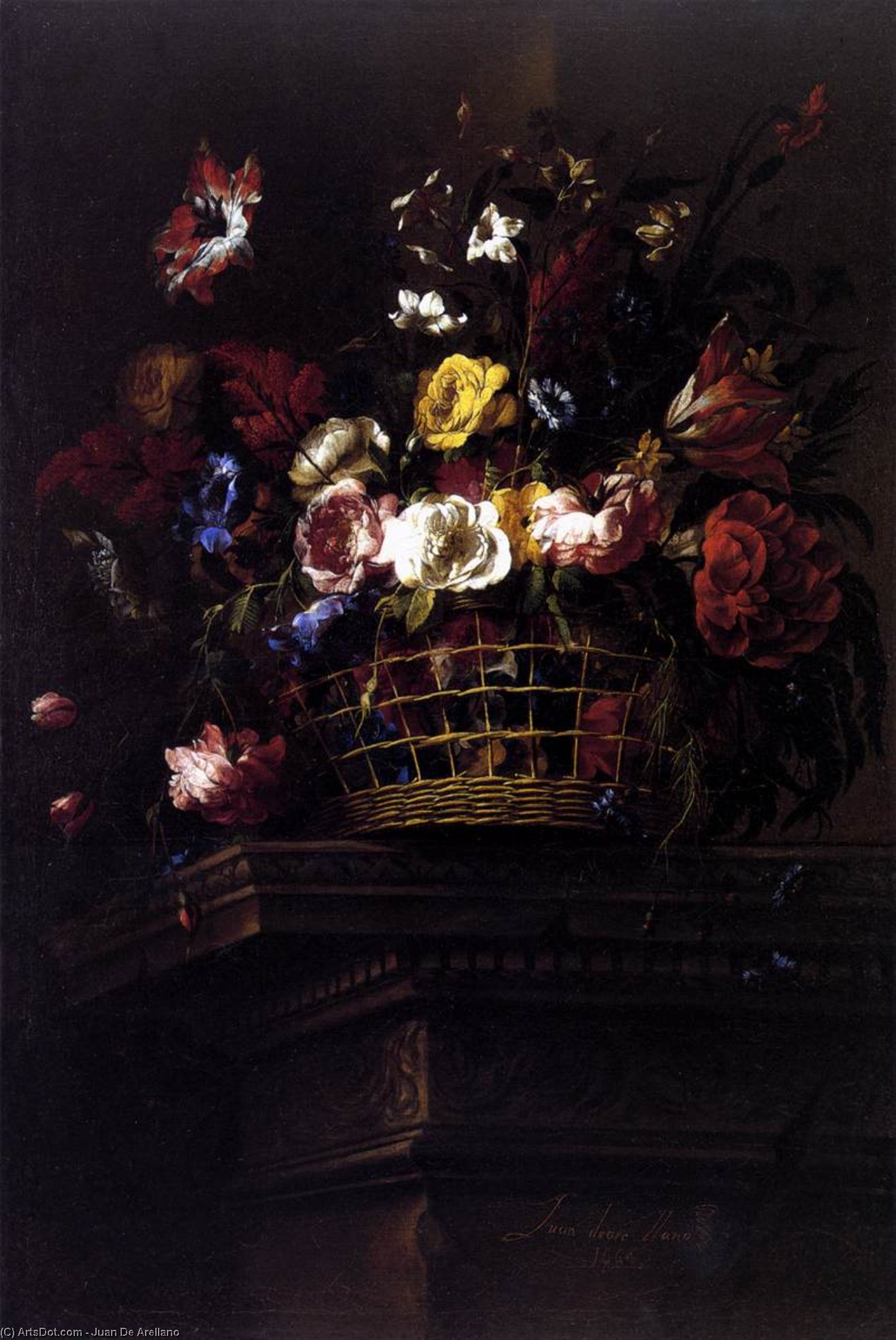WikiOO.org - אנציקלופדיה לאמנויות יפות - ציור, יצירות אמנות Juan De Arellano - Basket of Flowers on a Plinth