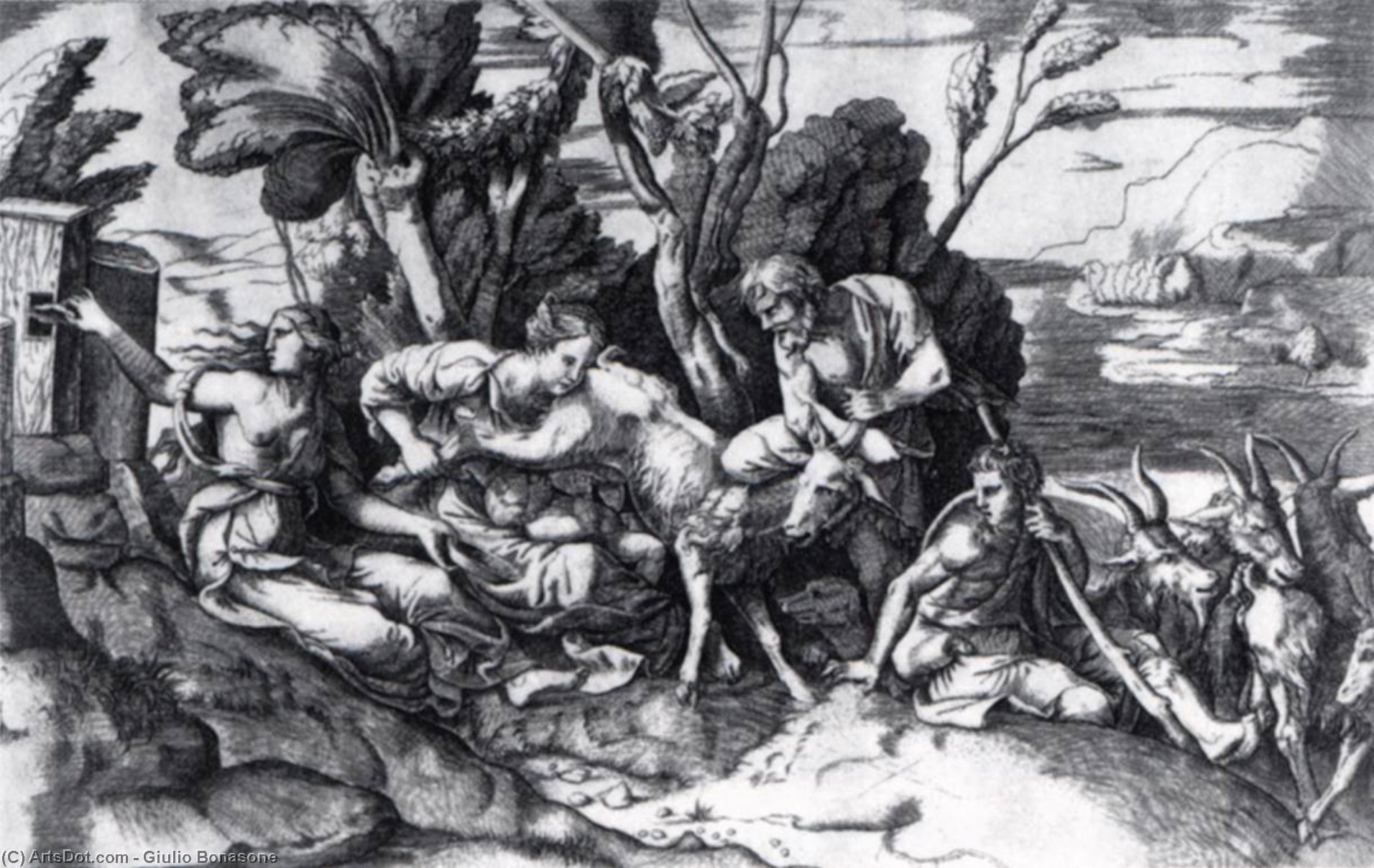 WikiOO.org - Encyclopedia of Fine Arts - Lukisan, Artwork Giulio Bonasone - Jupiter Suckled by the Goat Amalthea
