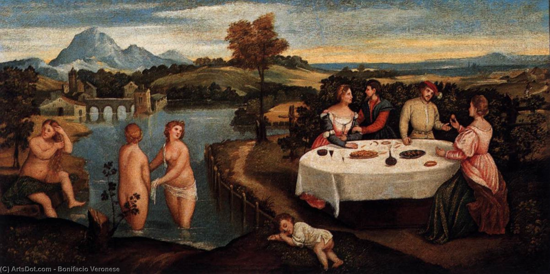 WikiOO.org - Enciclopedia of Fine Arts - Pictura, lucrări de artă Bonifazio Veronese (Bonifazio De Pitati) - Outdoors Entertainment with Bathers