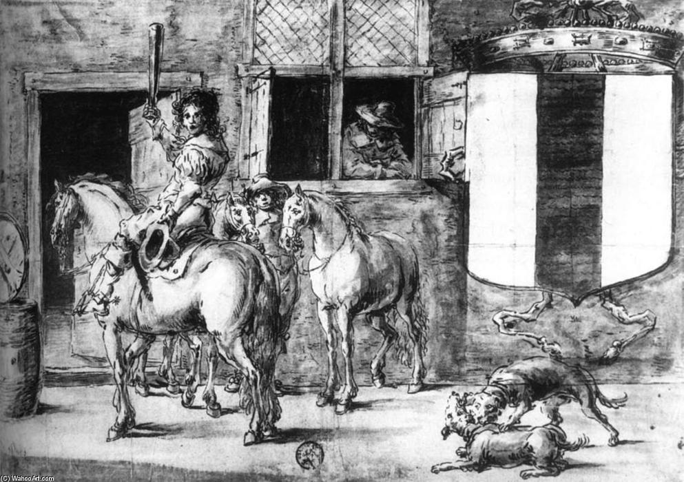 WikiOO.org - Encyclopedia of Fine Arts - Maleri, Artwork Leonaert Bramer - Soldiers with Horses before a House