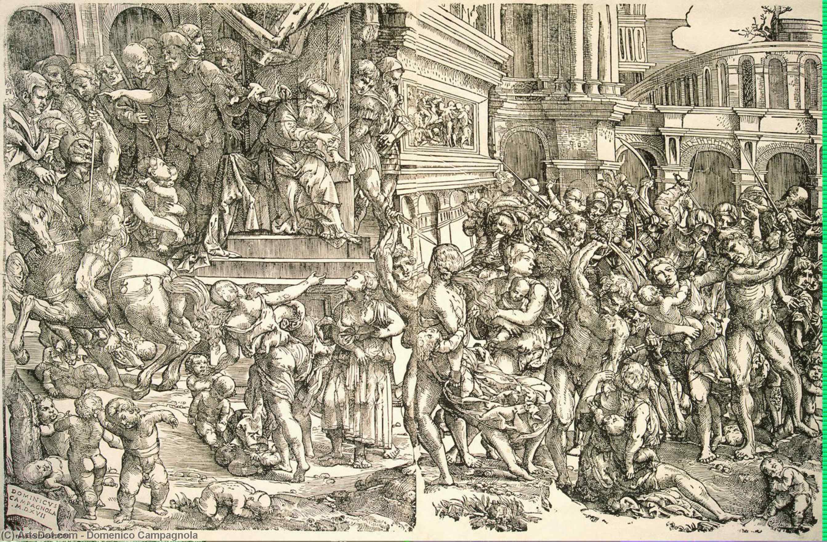 Wikoo.org - موسوعة الفنون الجميلة - اللوحة، العمل الفني Domenico Campagnola - Massacre of the Innocents