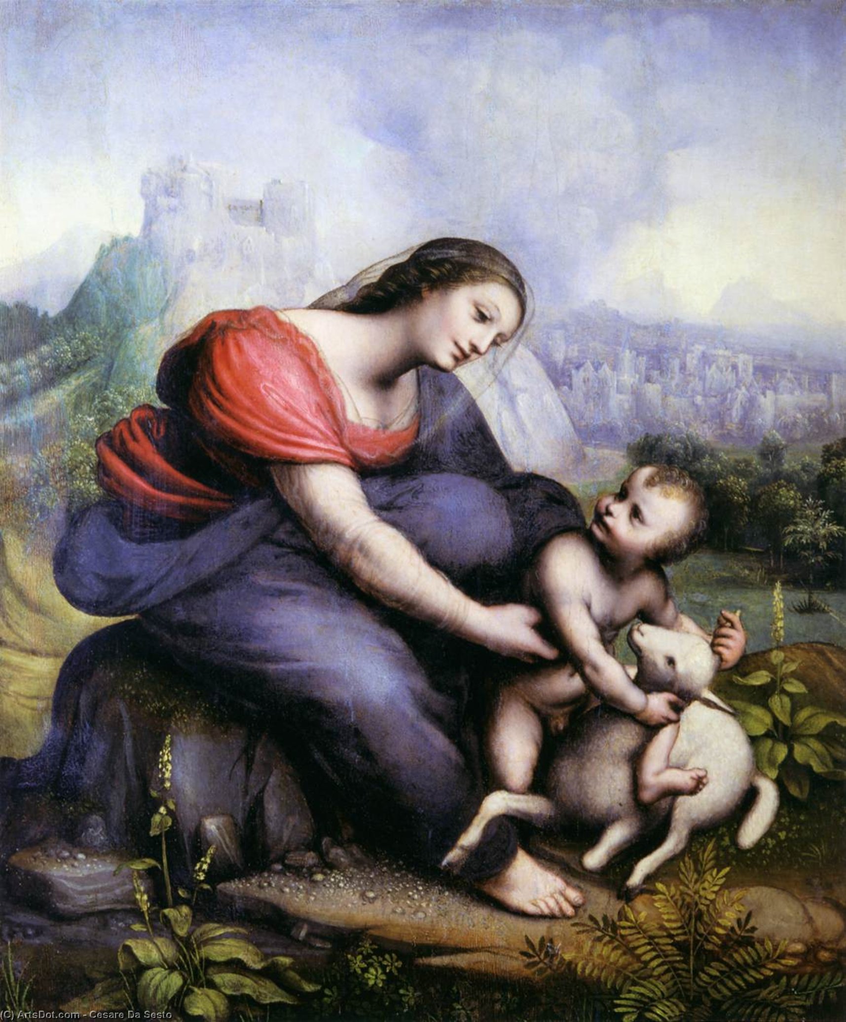 Wikioo.org - The Encyclopedia of Fine Arts - Painting, Artwork by Cesare Da Sesto - Madonna and Child with the Lamb of God