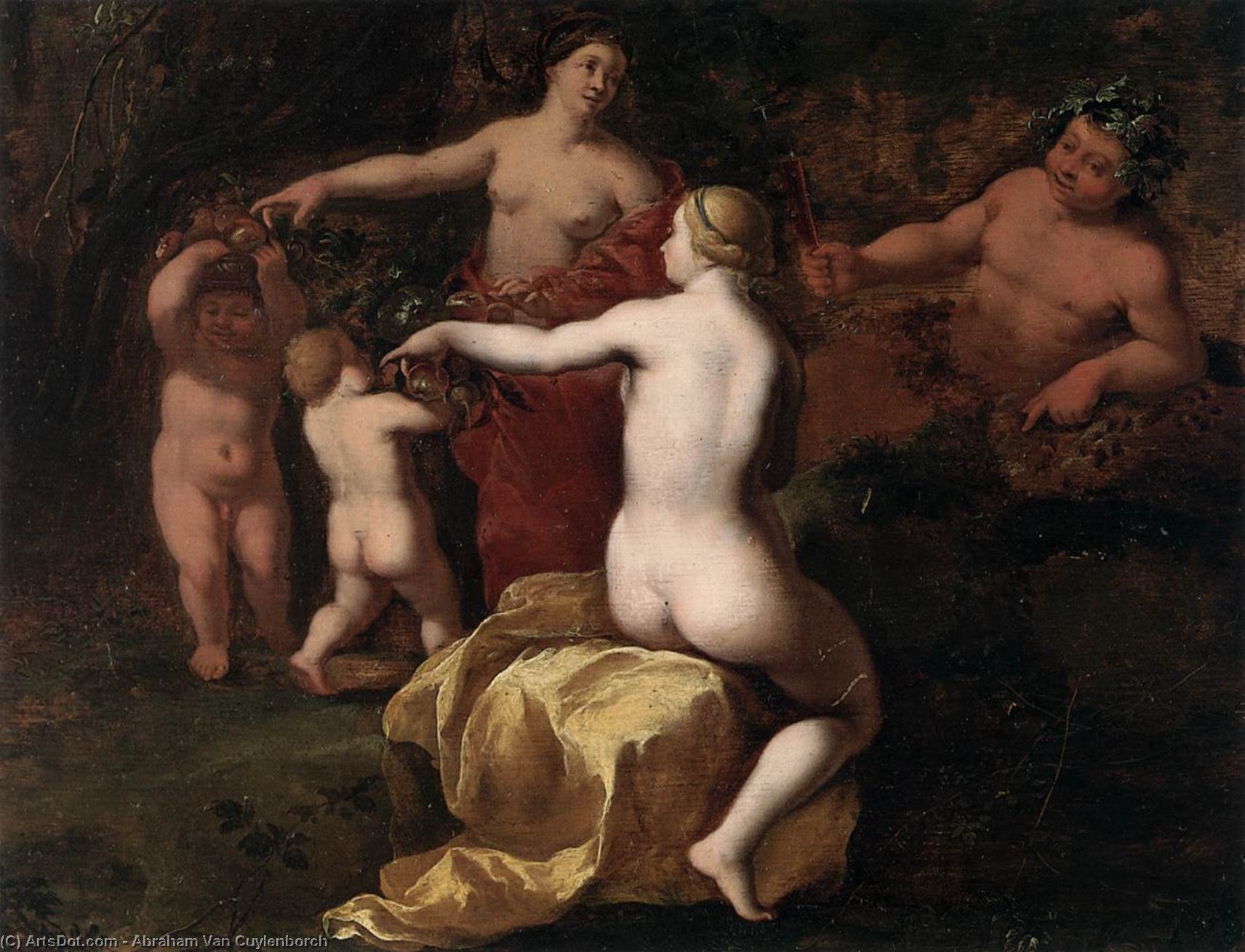 Wikioo.org - The Encyclopedia of Fine Arts - Painting, Artwork by Abraham Van Cuylenborch - Bacchus and Nymphs in Landscape (detail)