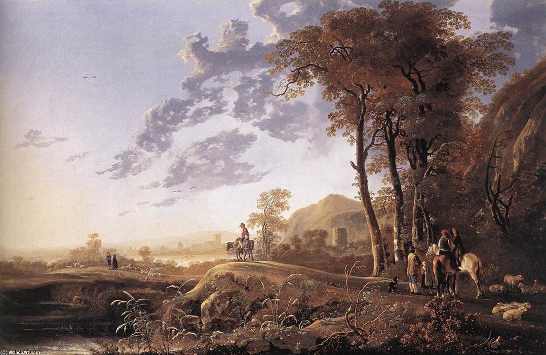 Wikioo.org - The Encyclopedia of Fine Arts - Painting, Artwork by Aelbert Jacobsz Cuyp - Evening Landscape with Horsemen and Shepherds