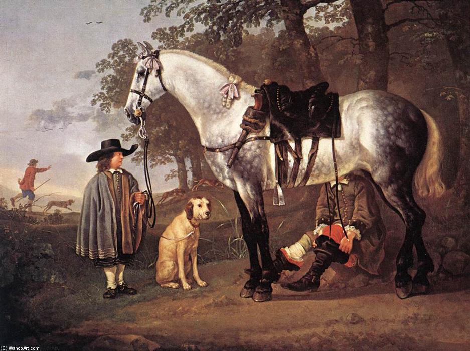 Wikioo.org - The Encyclopedia of Fine Arts - Painting, Artwork by Aelbert Jacobsz Cuyp - Grey Horse in a Landscape
