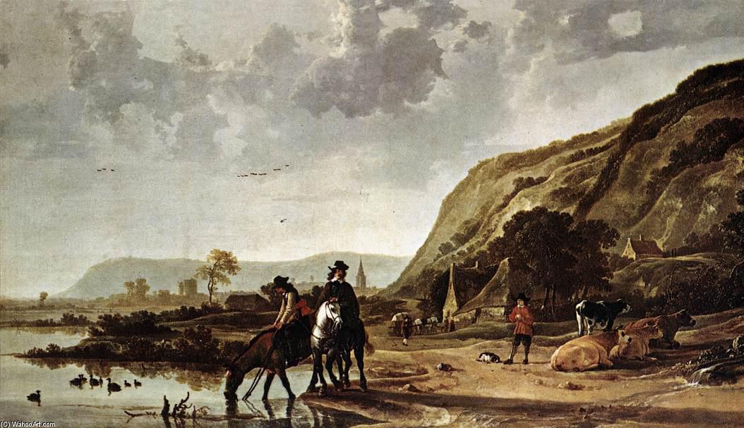 Wikioo.org - The Encyclopedia of Fine Arts - Painting, Artwork by Aelbert Jacobsz Cuyp - Large River Landscape with Horsemen