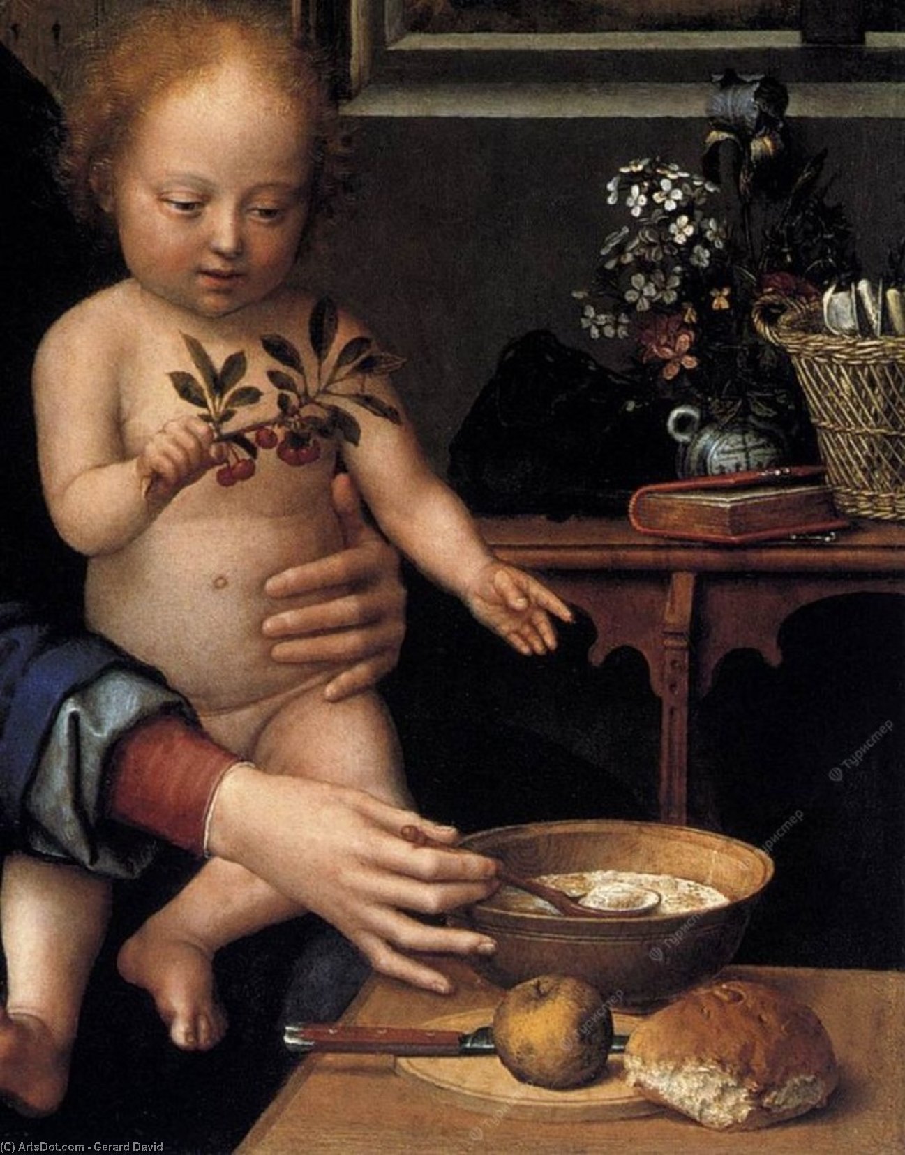Wikioo.org – L'Encyclopédie des Beaux Arts - Peinture, Oeuvre de Gerard David - vierge à lenfant avec  au  lait  soupe  détail