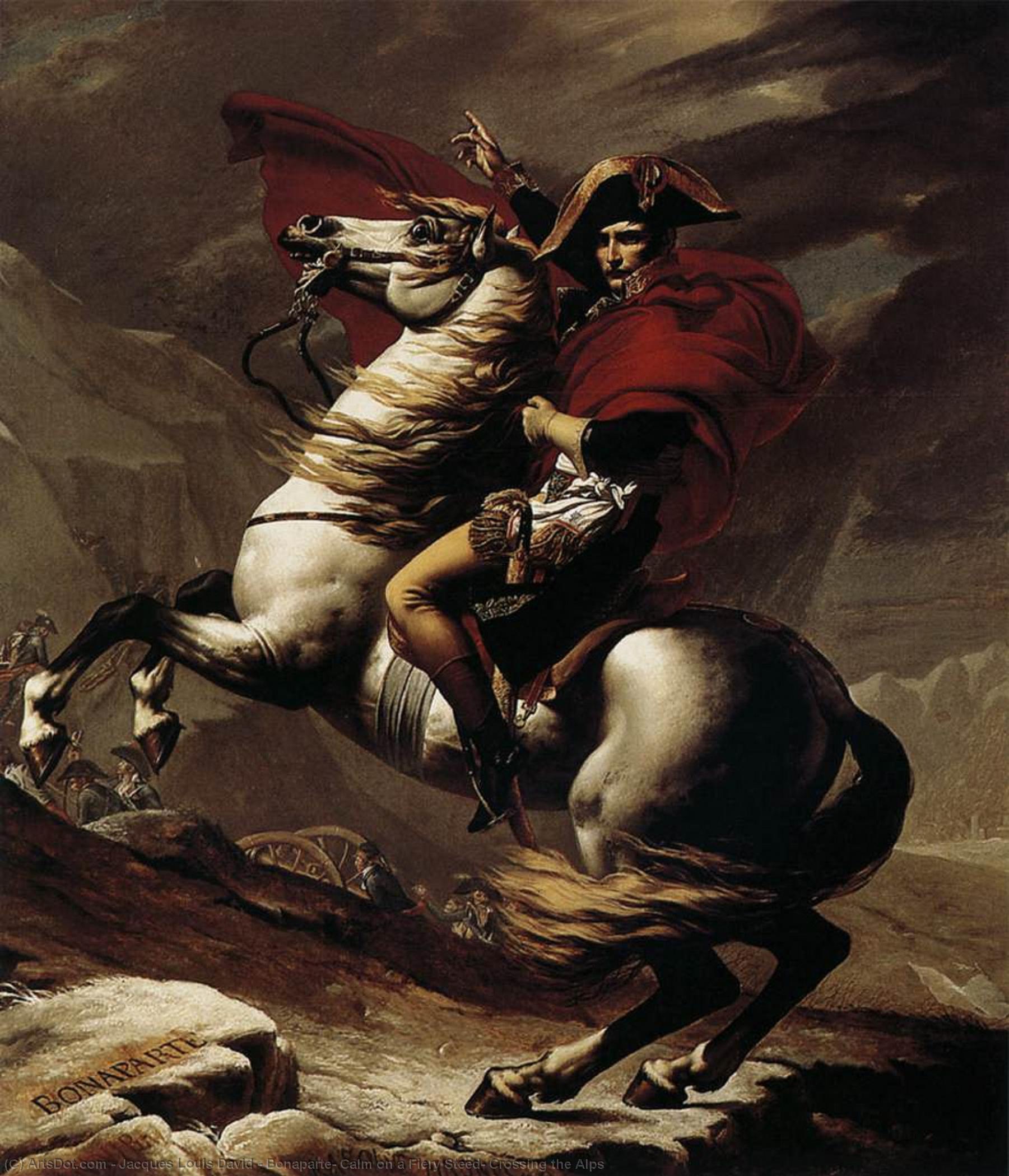 Wikioo.org - Bách khoa toàn thư về mỹ thuật - Vẽ tranh, Tác phẩm nghệ thuật Jacques Louis David - Bonaparte, Calm on a Fiery Steed, Crossing the Alps