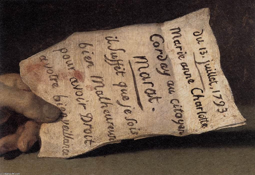 Wikioo.org – La Enciclopedia de las Bellas Artes - Pintura, Obras de arte de Jacques Louis David - la muerte de Marat ( detalle )