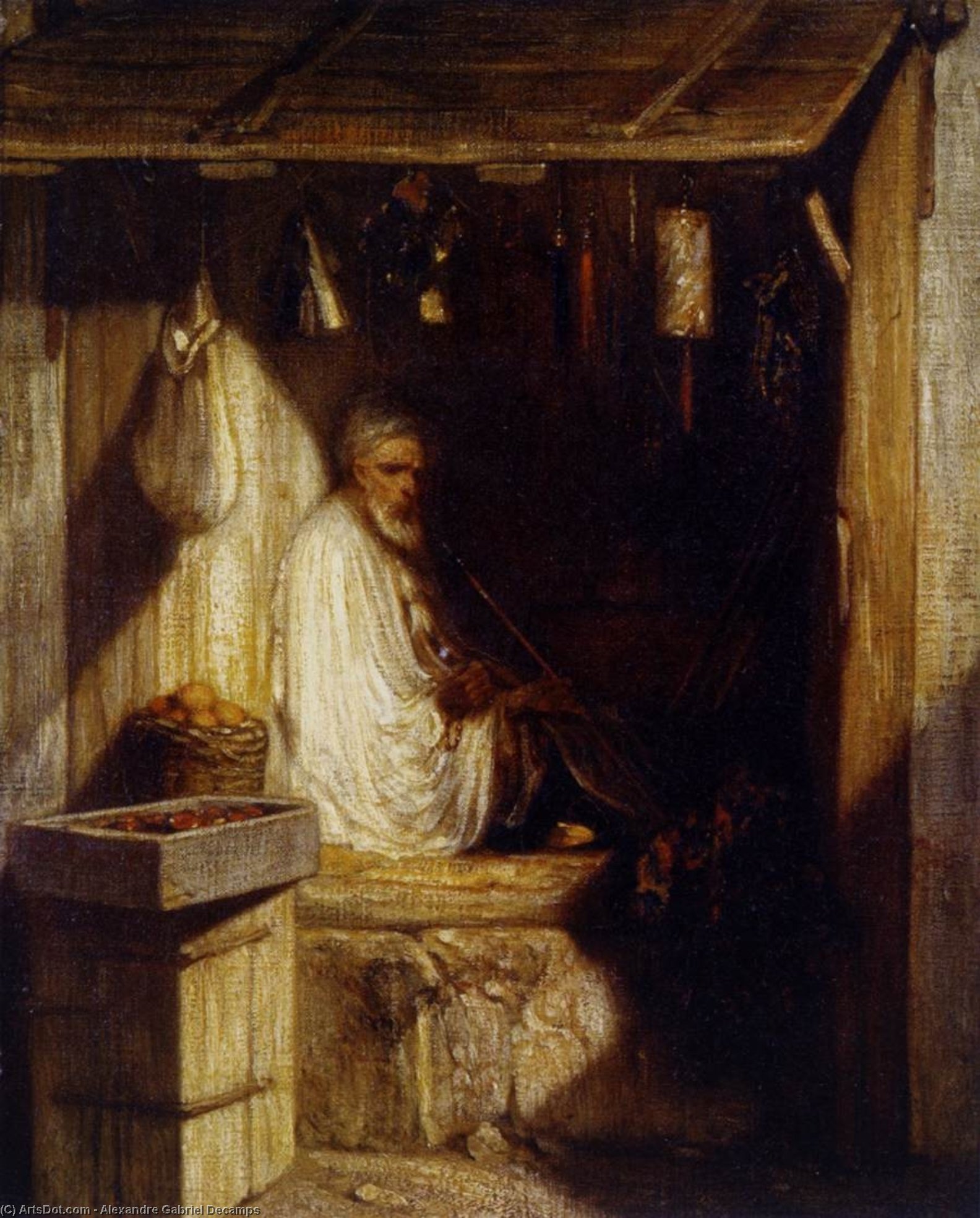 Wikioo.org - The Encyclopedia of Fine Arts - Painting, Artwork by Alexandre Gabriel Decamps - Turkish Merchant Smoking in His Shop