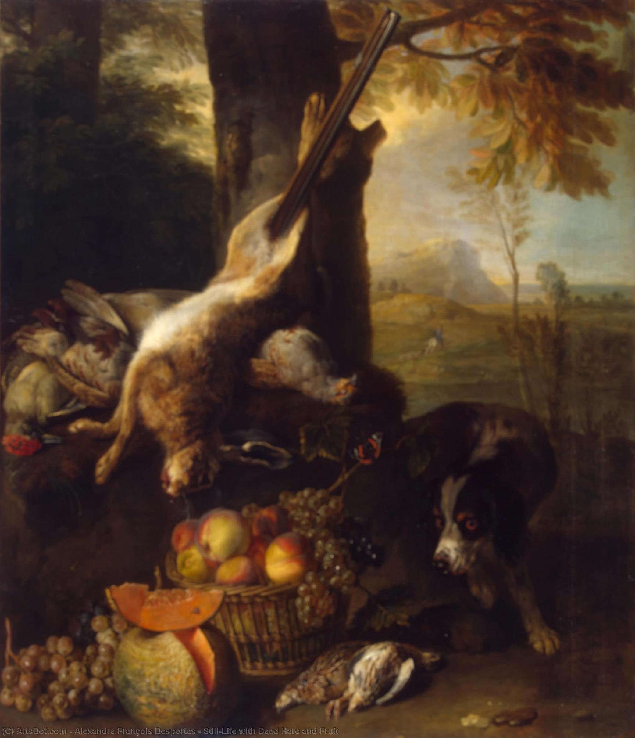 Wikioo.org – L'Encyclopédie des Beaux Arts - Peinture, Oeuvre de Alexandre François Desportes - nature morte avec  mort  Lièvre  et  fruits