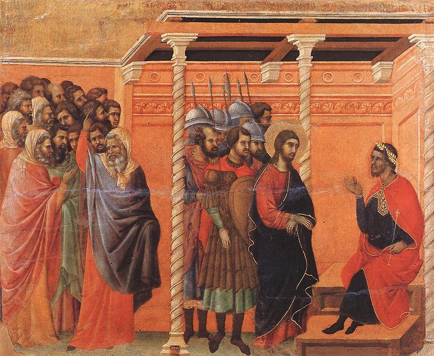Wikioo.org – La Enciclopedia de las Bellas Artes - Pintura, Obras de arte de Duccio Di Buoninsegna - De Pilato primer interrogatorio de Cristo