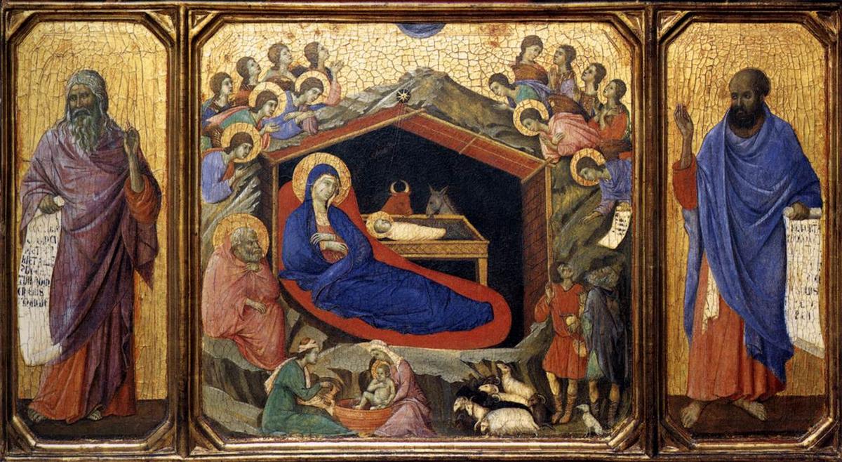 WikiOO.org - Enciclopédia das Belas Artes - Pintura, Arte por Duccio Di Buoninsegna - The Nativity between Prophets Isaiah and Ezekiel