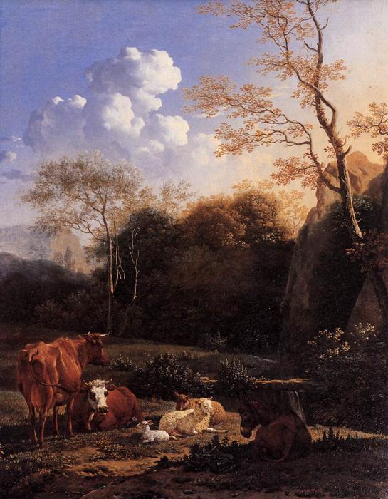 Wikioo.org - สารานุกรมวิจิตรศิลป์ - จิตรกรรม Karel Dujardin - Cows and Sheep at a Stream