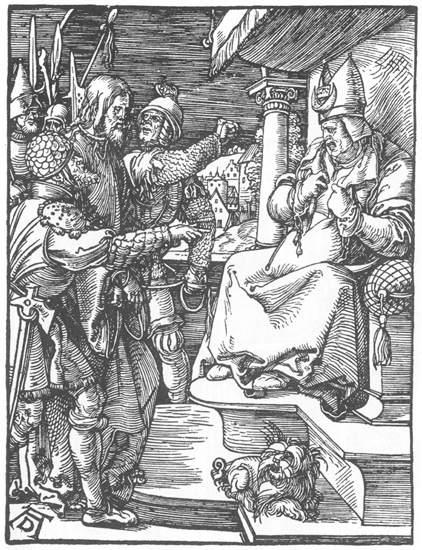 Wikioo.org - The Encyclopedia of Fine Arts - Painting, Artwork by Albrecht Durer - Small Passion: 13. Christ before Caiaphas