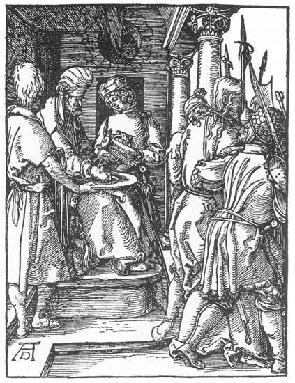 WikiOO.org - Enciclopédia das Belas Artes - Pintura, Arte por Albrecht Durer - Small Passion: 20. Pilate Washing His Hands
