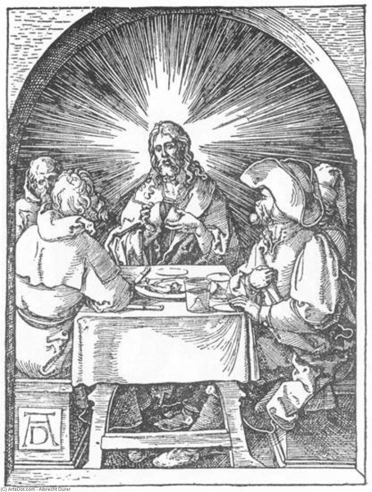 Wikioo.org - The Encyclopedia of Fine Arts - Painting, Artwork by Albrecht Durer - Small Passion: 32. Christ and the Disciples at Emmaus