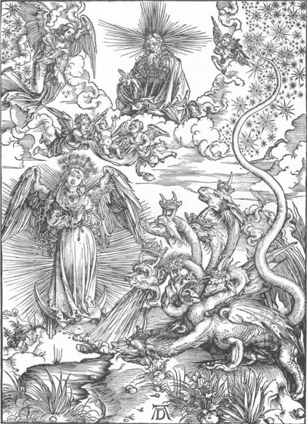 Wikioo.org - The Encyclopedia of Fine Arts - Painting, Artwork by Albrecht Durer - The Revelation of St John: 10. The Woman Clothed with the Sun and the Seven-headed Dragon)