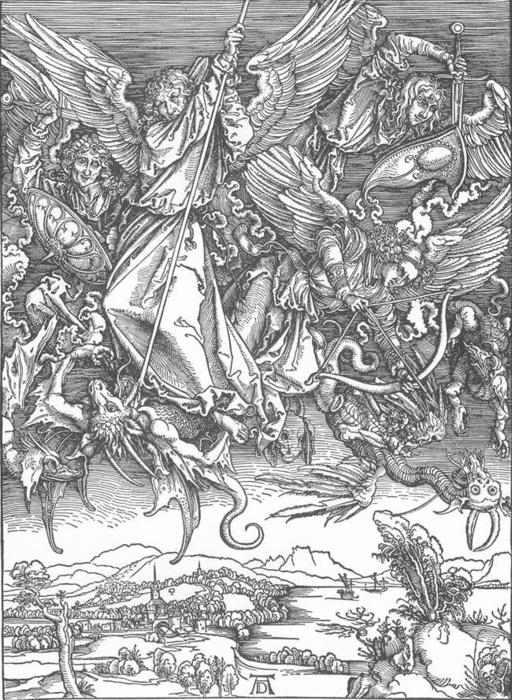 Wikioo.org - The Encyclopedia of Fine Arts - Painting, Artwork by Albrecht Durer - The Revelation of St John: 11. St Michael Fighting the Dragon