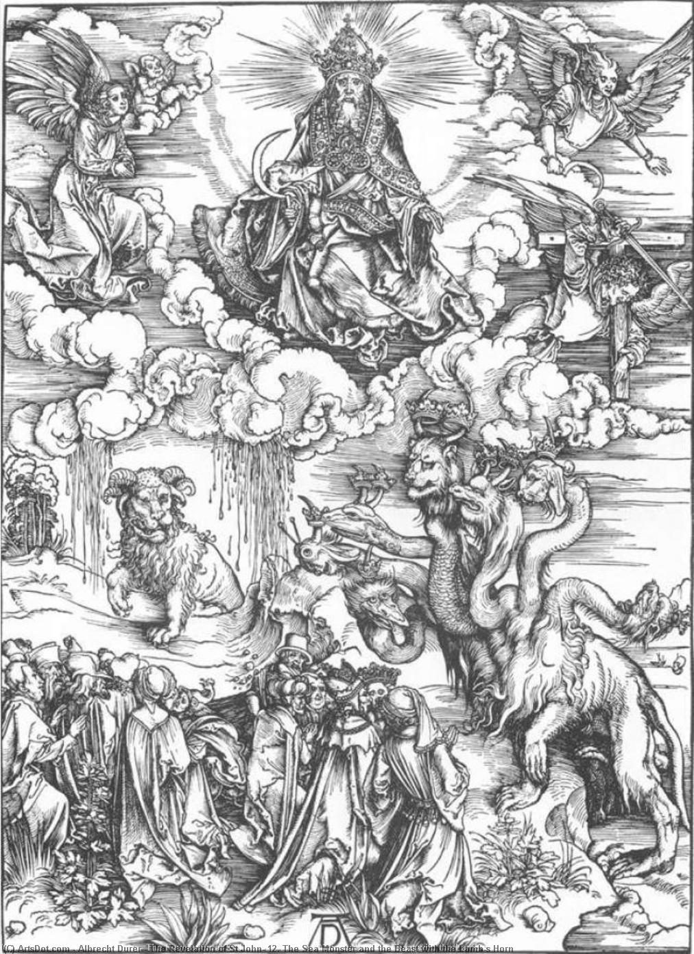 Wikioo.org - The Encyclopedia of Fine Arts - Painting, Artwork by Albrecht Durer - The Revelation of St John: 12. The Sea Monster and the Beast with the Lamb's Horn
