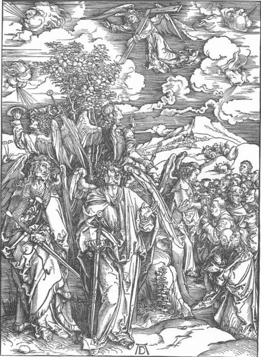Wikioo.org - The Encyclopedia of Fine Arts - Painting, Artwork by Albrecht Durer - The Revelation of St John: 6. Four Angels Staying the Winds and Signing the Chosen