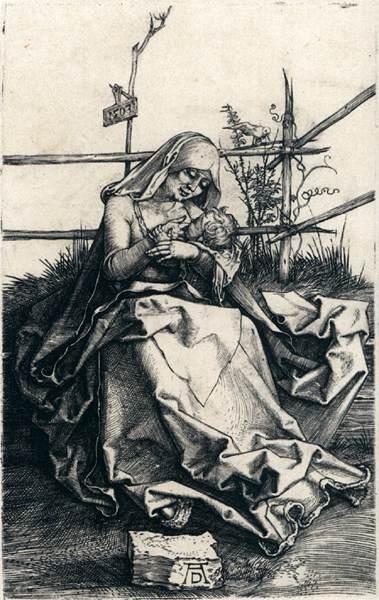 Wikioo.org – L'Encyclopédie des Beaux Arts - Peinture, Oeuvre de Albrecht Durer - vierge à lenfant sur  une  herbeux  banc