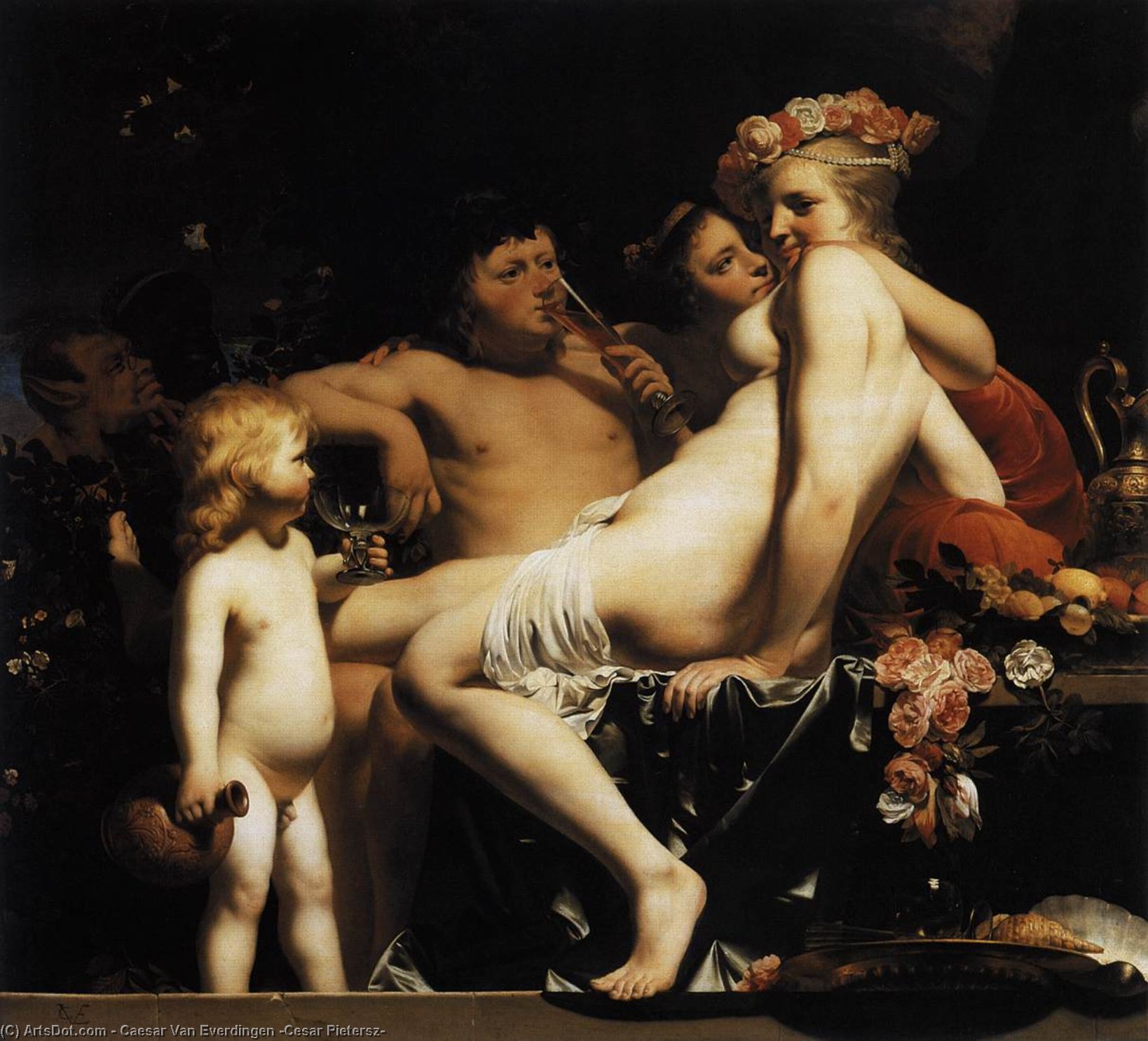 Wikioo.org - The Encyclopedia of Fine Arts - Painting, Artwork by Caesar Van Everdingen (Cesar Pietersz) - Bacchus with Nymphs and Cupid