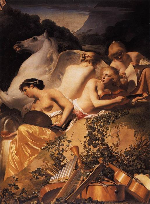 Wikioo.org - The Encyclopedia of Fine Arts - Painting, Artwork by Caesar Van Everdingen (Cesar Pietersz) - Four Muses and Pegasus on Parnassus