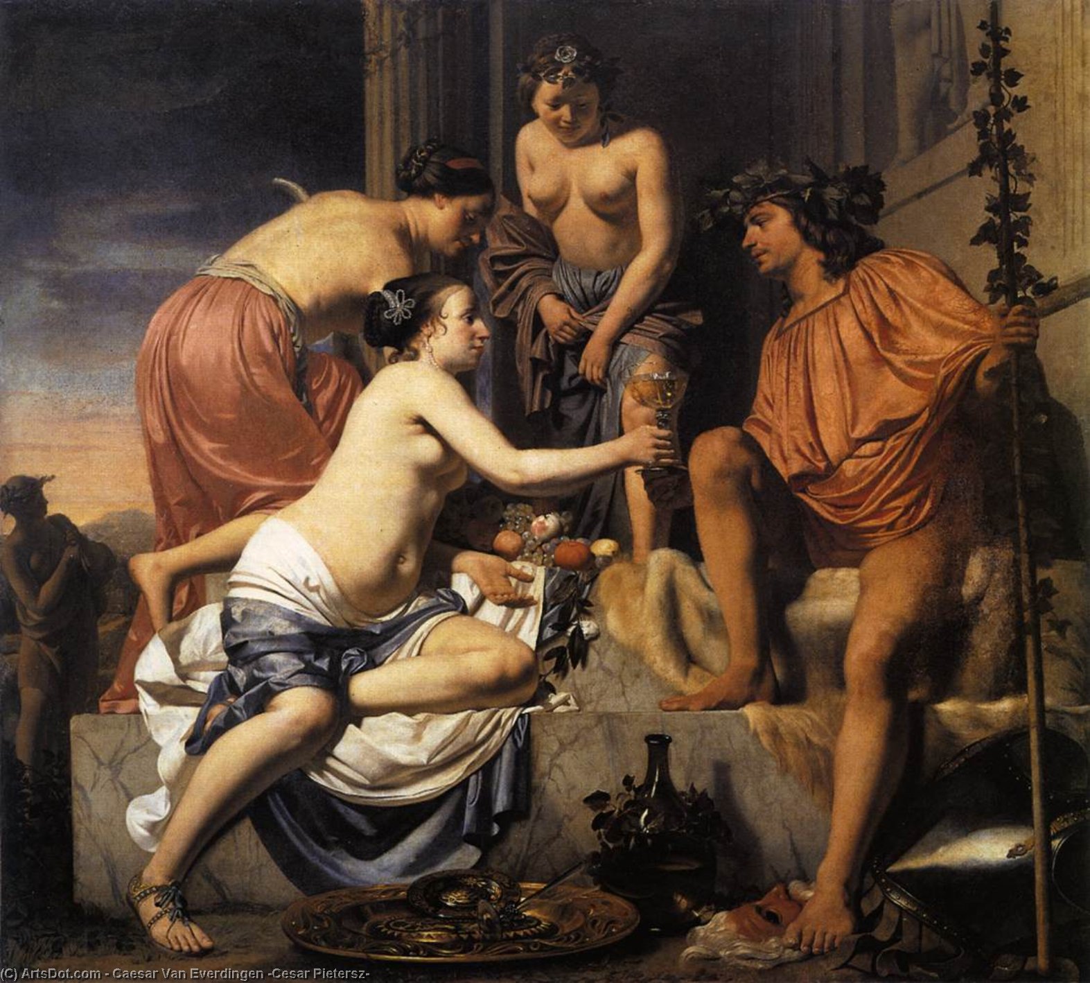Wikioo.org - The Encyclopedia of Fine Arts - Painting, Artwork by Caesar Van Everdingen (Cesar Pietersz) - Nymphs Offering the Young Bacchus Wine, Fruit and Flowers