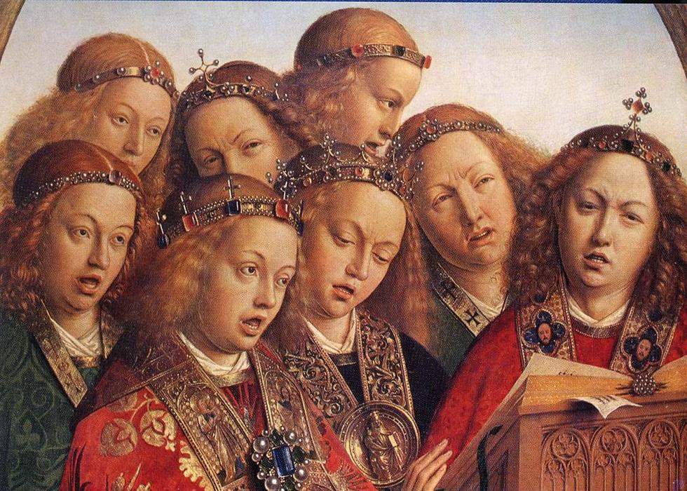 Wikioo.org – La Enciclopedia de las Bellas Artes - Pintura, Obras de arte de Jan Van Eyck - El Retablo de Gante: ángeles del canto (detalle)