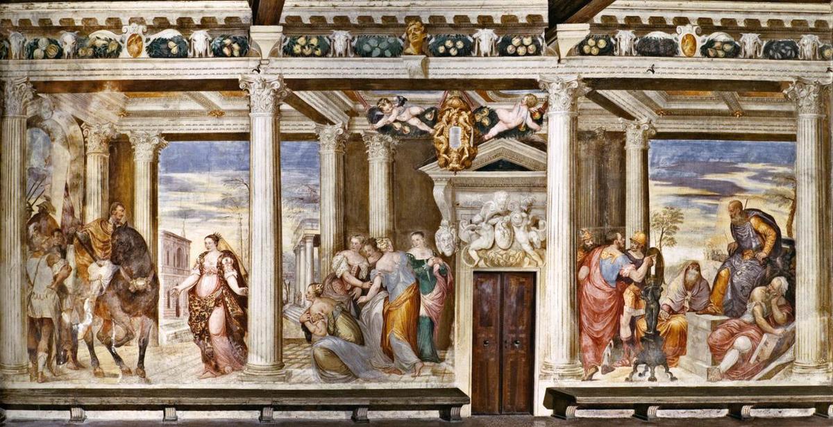 Wikioo.org - The Encyclopedia of Fine Arts - Painting, Artwork by Giovanni Antonio Fasolo - Sofonisba before Masinissa Mucius Scaevola