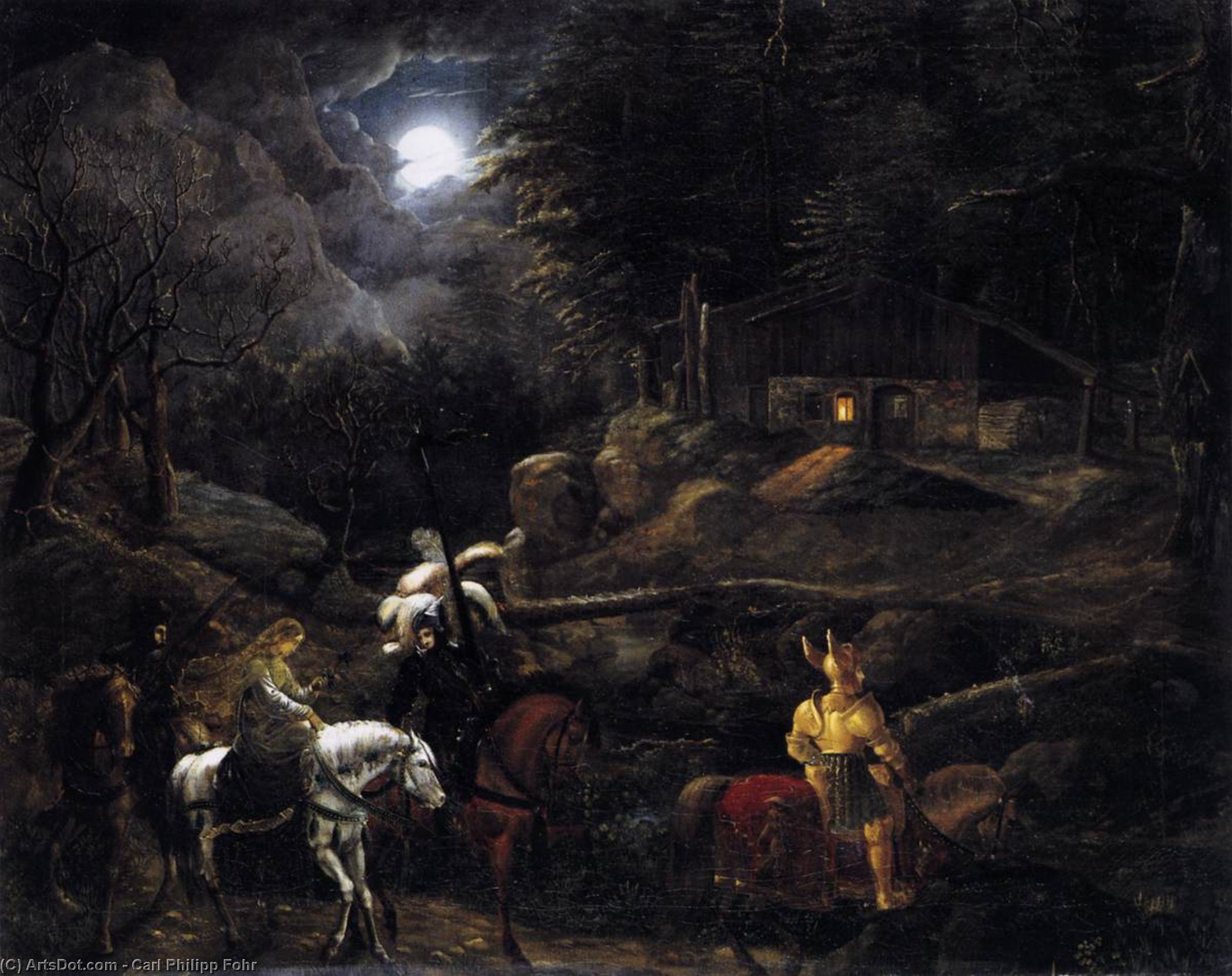 Wikioo.org - สารานุกรมวิจิตรศิลป์ - จิตรกรรม Carl Philipp Fohr - Knight before the Charcoal Burner's Hut