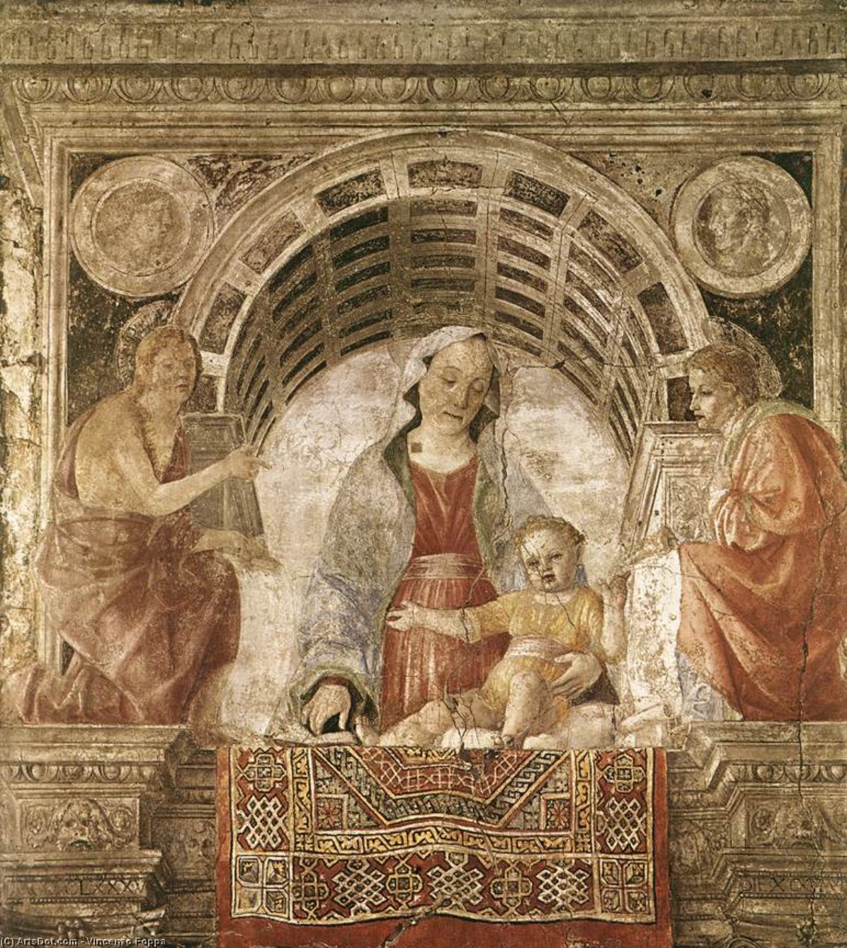 Wikioo.org - The Encyclopedia of Fine Arts - Painting, Artwork by Vincenzo Foppa - Madonna and Child with St John the Baptist and St John the Evangelist