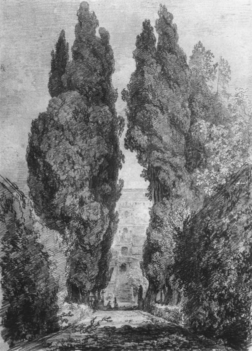 Wikioo.org - Bách khoa toàn thư về mỹ thuật - Vẽ tranh, Tác phẩm nghệ thuật Jean-Honoré Fragonard - Cypresses in the Garden Avenue of the Villa