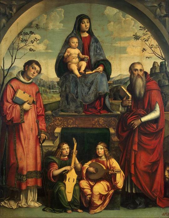 Wikioo.org - The Encyclopedia of Fine Arts - Painting, Artwork by Francesco Francia (Francesco Raibolini) - Madonna and Child with Sts Lawrence and Jerome