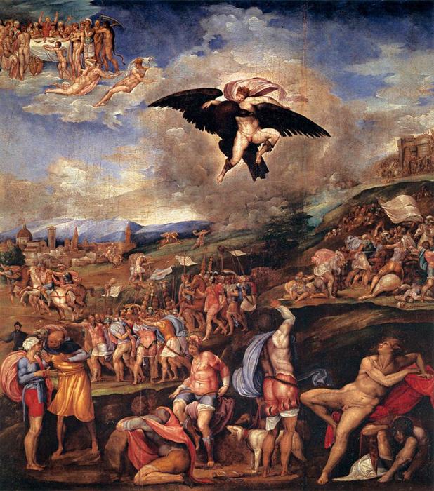 Wikioo.org - The Encyclopedia of Fine Arts - Painting, Artwork by Battista Franco Veneziano - The Battle of Montemurlo and the Rape of Ganymede